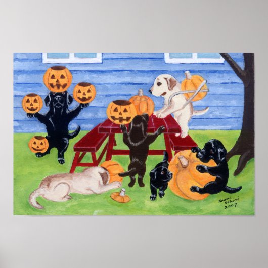 Halloween Pumpkin Carving Labradors Artwork Poster (Voorkant)