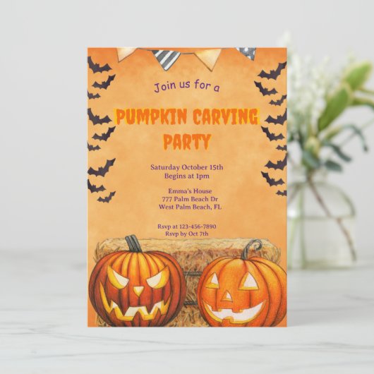 Halloween Pumpkin Carving Party Invitation Kaart (Staand voorkant)