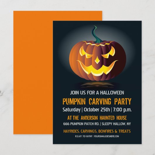 Halloween Pumpkin Carving Party Invitation Kaart (Voorkant / Achterkant)