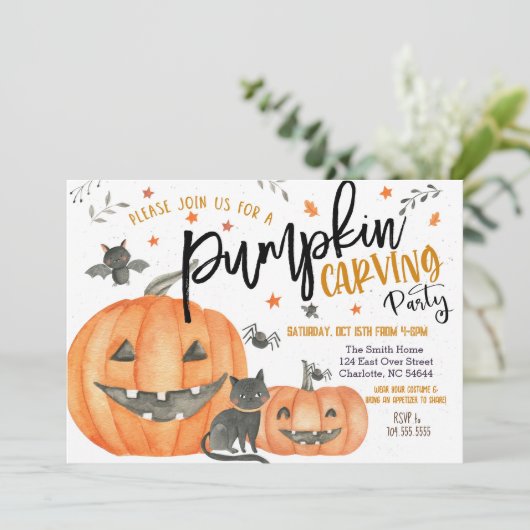 Halloween Pumpkin Carving Party Invitation Kaart (Staand voorkant)
