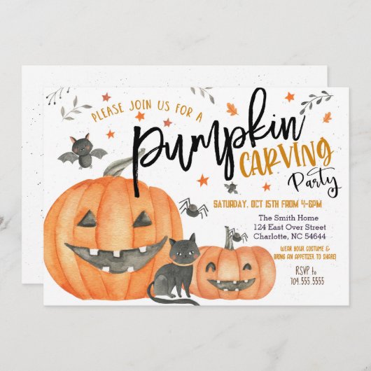Halloween Pumpkin Carving Party Invitation Kaart (Voorkant / Achterkant)