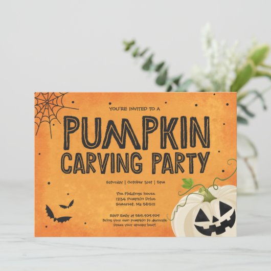 Halloween Pumpkin Carving Party Invitation Kaart (Staand voorkant)