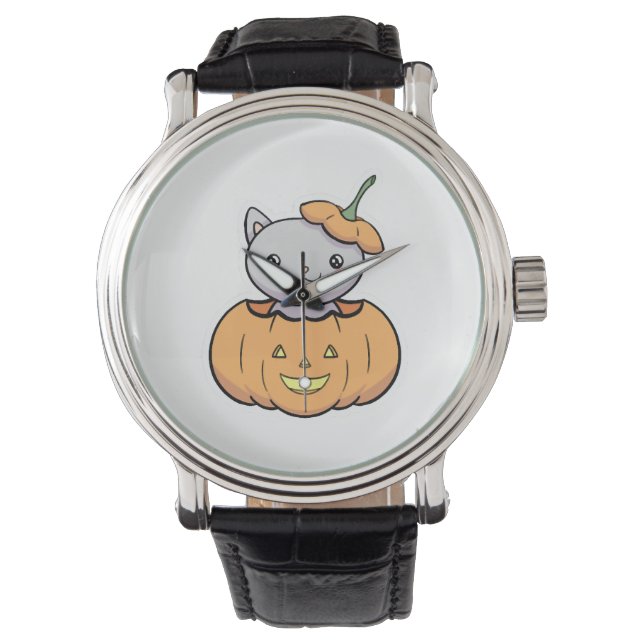 Halloween Pumpkin Cat Horloge (Voorkant)