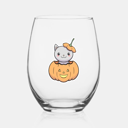 Halloween Pumpkin Cat   Wijnglas Zonder Voet (Voorkant)