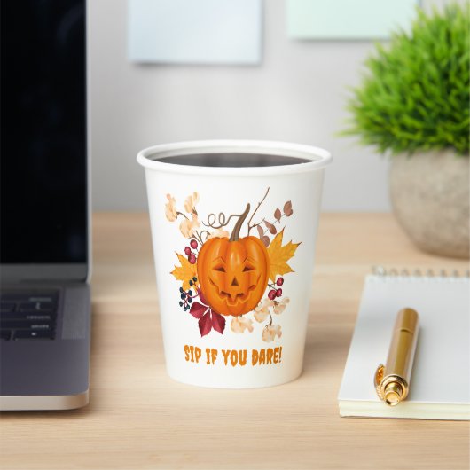 Halloween Pumpkin Coffee Cup - "Sip als je durft!" Papieren Bekers (Insitu)
