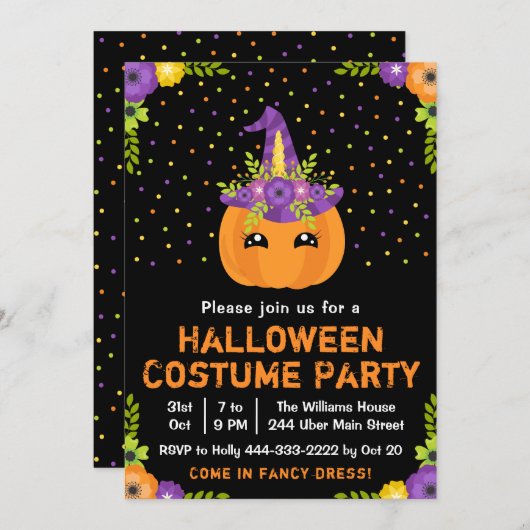 Halloween Pumpkin Costume Party Black Uitnodiging (Voorkant / Achterkant)