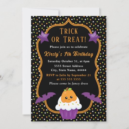 Halloween Pumpkin Cupcake & Polka Dots Birthday Kaart (Voorkant)