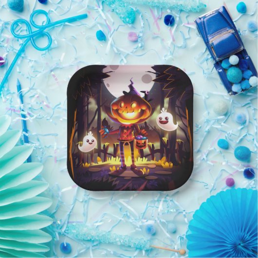 Halloween Pumpkin Cute Ghosts Moon Scary Forest Papieren Bordje (Feest)