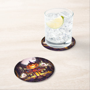 Halloween Pumpkin Cute Ghosts Moon Scary Forest Ronde Kartonnen Onderzetter