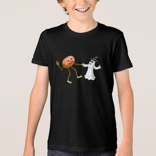 Halloween Pumpkin en Ghost Tri-Blend Shirt (Voorkant)