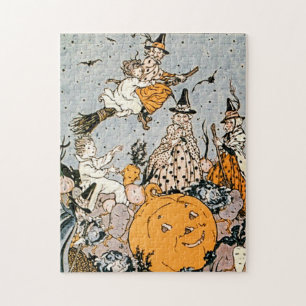 Halloween Pumpkin en heksen met bezems Legpuzzel