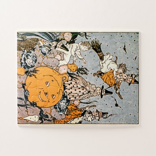  Halloween Pumpkin en heksen met bezems Legpuzzel (Horizontaal)