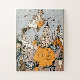 Halloween Pumpkin en heksen met bezems Legpuzzel
