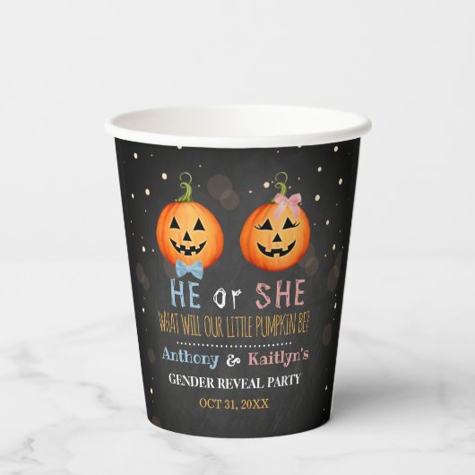 Halloween Pumpkin Gender Reopenbaarmakingsfeest Papieren Bekers (Achterkant)