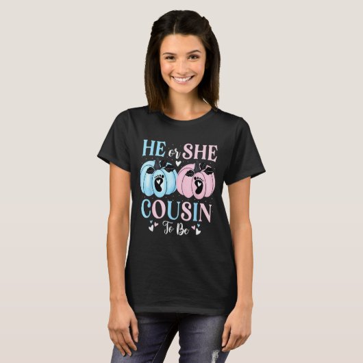 Halloween Pumpkin Gender Reveal He Or She Cousin T T-shirt (Voorkant volledig)
