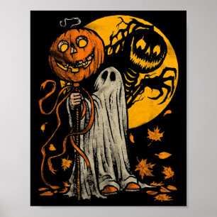 Halloween Pumpkin Ghost Autumn Leaves Graphic Art Poster