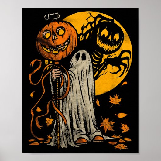 Halloween Pumpkin Ghost Autumn Leaves Graphic Art Poster (Voorkant)