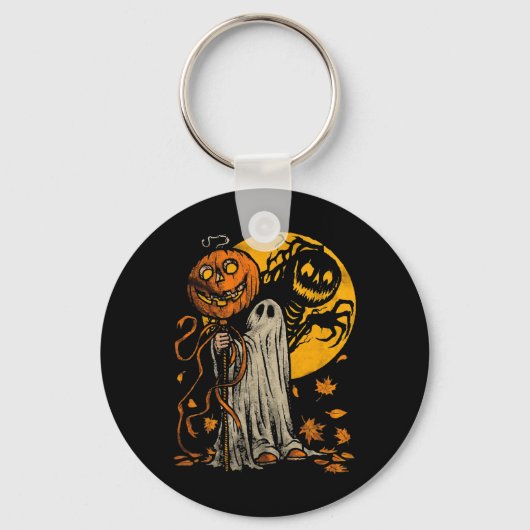 Halloween Pumpkin Ghost Autumn Leaves Graphic Art Sleutelhanger (Voorkant)