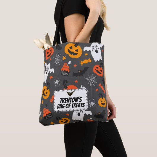 Halloween Pumpkin Ghost Spider Patroon Tote Bag (Dichtbij)