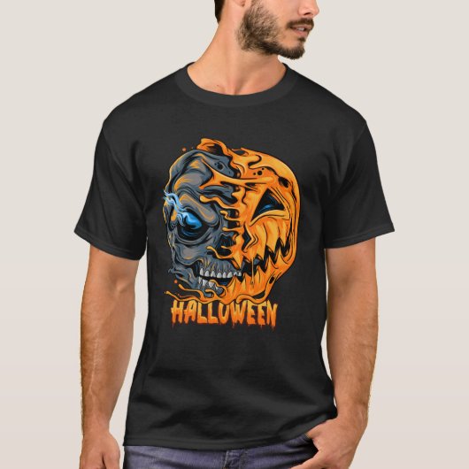 Halloween pumpkin half skull looks spooky and cool t-shirt (Voorkant)