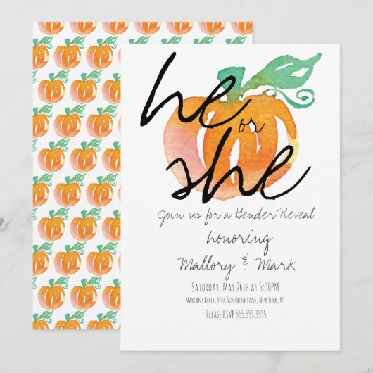 Halloween Pumpkin Hand Waterverf Gender onthulling Kaart (Voorkant / Achterkant)