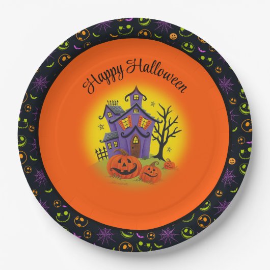 Halloween Pumpkin Haunted House Fun Custom Text Papieren Bordje (Voorkant)