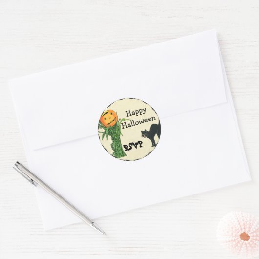 HALLOWEEN PUMPKIN HEAD Cornstalk en Black Cat Ronde Sticker (Envelop)