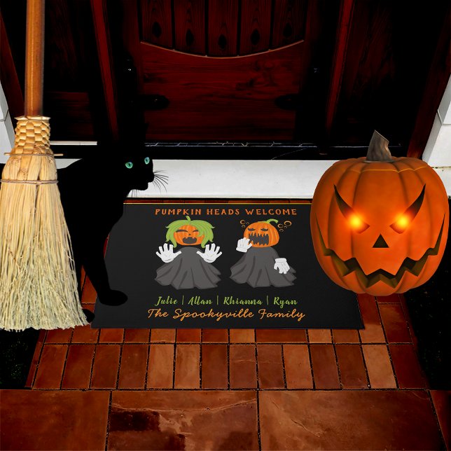 Halloween Pumpkin Head Spooky Ghouls Custom Name Deurmat (Halloween Pumpkin Heads Spooky Ghouls Custom Name Doormat)