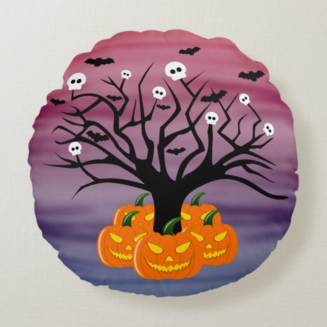 Halloween Pumpkin Jack O' Lantern Dead Tree Rond Kussen (Voorkant)