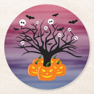 Halloween Pumpkin Jack O' Lantern Dead Tree Ronde Kartonnen Onderzetter