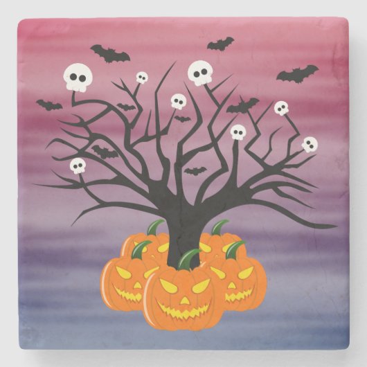 Halloween Pumpkin Jack O' Lantern Dead Tree Stenen Onderzetter (Voorkant)