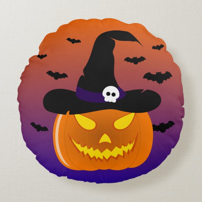 Halloween Pumpkin Jack o' Lantern Witch Pet Rond Kussen (Voorkant)