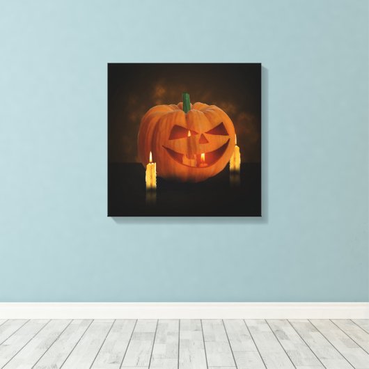 Halloween Pumpkin Lantern met kaarsen Canvas Afdruk (Insitu (Houten vloer))