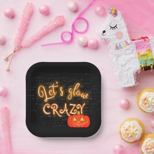 Halloween Pumpkin Neon Sign on Brick Papieren Bordje (Feest)