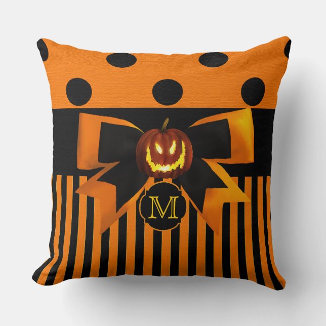 Halloween Pumpkin Oranje en Black Pillow Monogram Kussen (Voorkant)