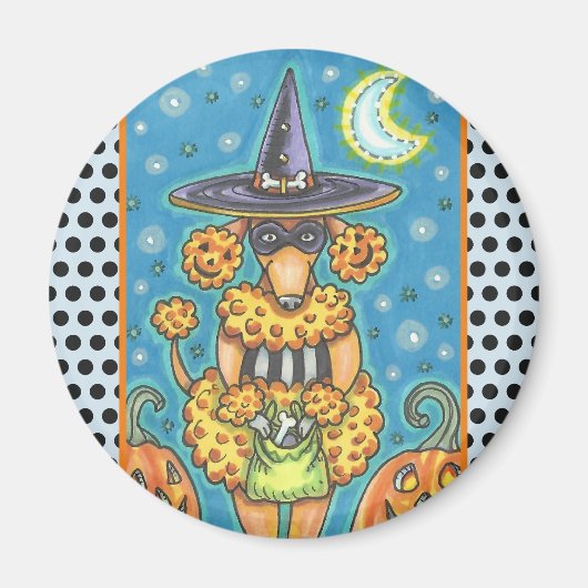 HALLOWEEN PUMPKIN POODLE, DOG MAGNET Round (Voorkant)