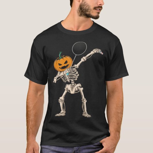 Halloween Pumpkin Skeleton Badminton Dabbing T-shirt (Voorkant)