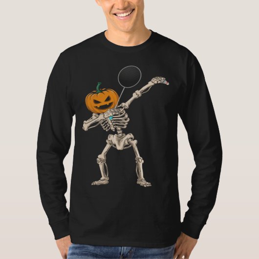 Halloween Pumpkin Skeleton Badminton Dabbing T-shirt (Voorkant)