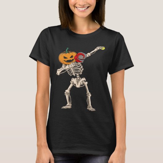 Halloween Pumpkin Skeleton Pickleball Dabbing T-shirt (Voorkant)