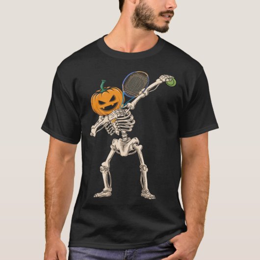 Halloween Pumpkin Skeleton Tennis Dabbing T-shirt (Voorkant)