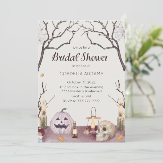 Halloween Pumpkin Skull Bridal Shower Invitation Kaart (Staand voorkant)
