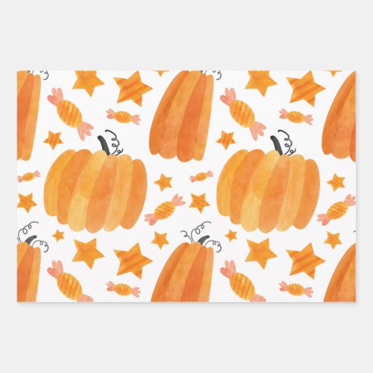 Halloween Pumpkin & Snoepjes Trick or treat Patter Inpakpapier Vel (Voorkant)