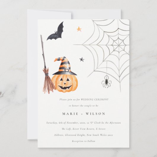 Halloween Pumpkin Spiderweb Spooky Bat Wedding Bedankkaart (Voorkant)