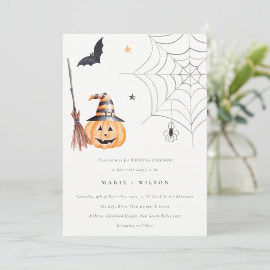 Halloween Pumpkin Spiderweb Spooky Bat Wedding Bedankkaart (Staand voorkant)