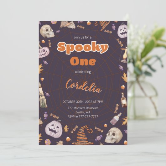 Halloween Pumpkin Spooky One Birthday Invitation Kaart (Staand voorkant)