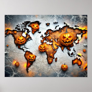 Halloween Pumpkin Wall Art Wereldkaart Poster