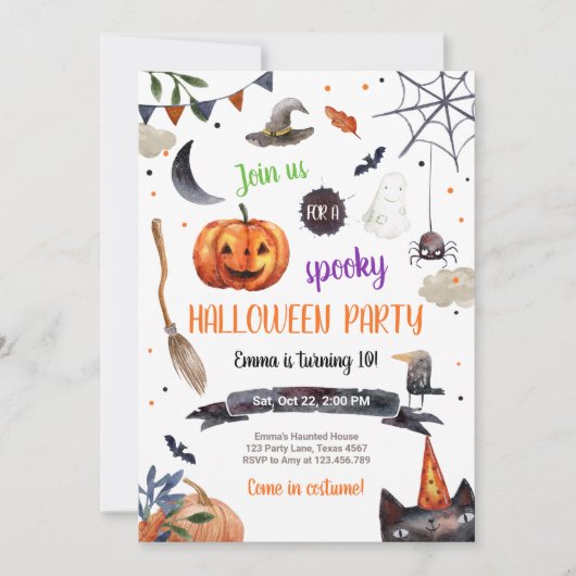 Halloween Pumpkin Witch Cat Spider Spooky Verjaard Kaart (Voorkant)
