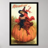 Halloween Pumpkin Witch in Red bovenop een pompoen Poster (Voorkant)