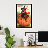 Halloween Pumpkin Witch in Red bovenop een pompoen Poster (Thuiskantoor)
