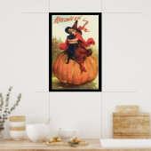 Halloween Pumpkin Witch in Red bovenop een pompoen Poster (Keuken)